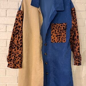 Stylish Blue and Tan Jacket with Leopard Print Accents